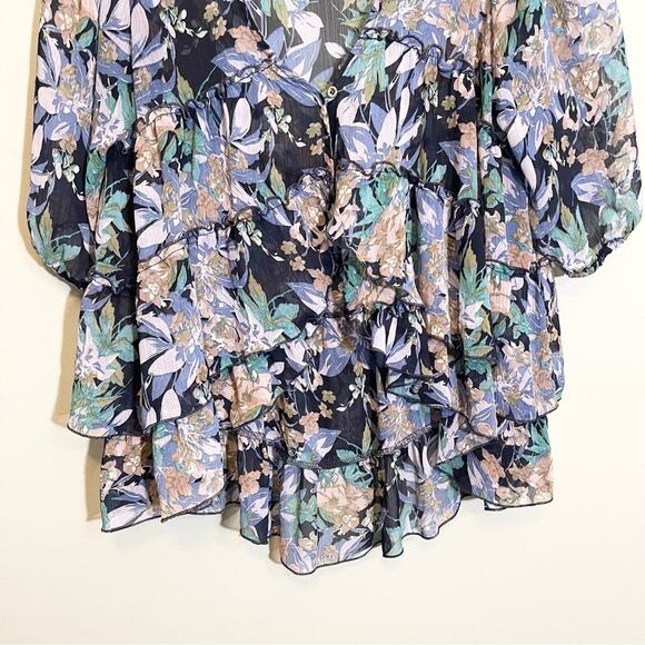 Express Women's Blue Floral V-Neck 3/4 Sleeve Tiered Cardigan Cover-Up Top Large - Picture 8 of 13